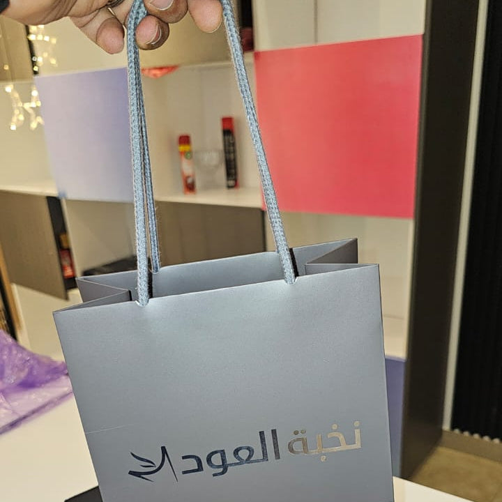 Gray paper bag with branding held by a hand against a blurred indoor background